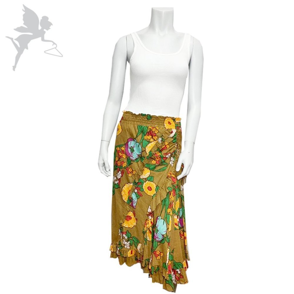 FREE PEOPLE RARE Floral Ruffled + Ruched Midi Skirt